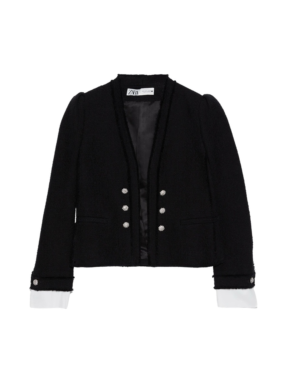 Zara Tweed Lady Poplin Blazer Jacket Black Bouclé Jewel Button-Front Sz L